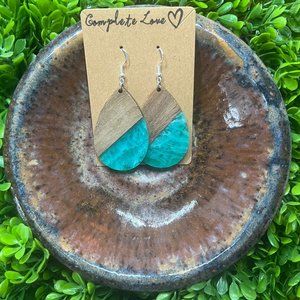 Large Teal Resin & Wood Earrings, Large Teardrop Statement Earrings~NWT